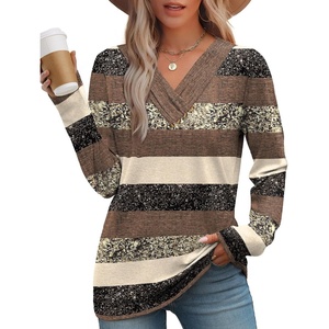 image:imageWIHOLL Long Sleeve Shirts for Women Fall Outfits V Neck T Shirts Button Down Tunic Tops Fashion Clothing0brown Stripe