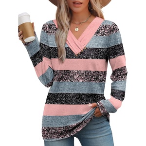 image:imageWIHOLL Long Sleeve Shirts for Women Fall Outfits V Neck T Shirts Button Down Tunic Tops Fashion Clothing0pink Stripe