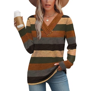 image:imageWIHOLL Long Sleeve Shirts for Women Fall Outfits V Neck T Shirts Button Down Tunic Tops Fashion Clothing1autumn Stripe