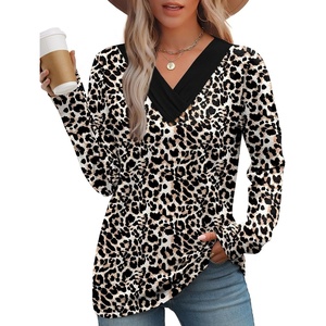 image:imageWIHOLL Long Sleeve Shirts for Women Fall Outfits V Neck T Shirts Button Down Tunic Tops Fashion Clothing1leopard Print