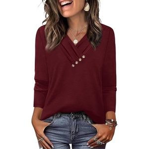 image:imageWIHOLL Long Sleeve Shirts for Women Fall Outfits V Neck T Shirts Button Down Tunic Tops Fashion Clothing3burgundy