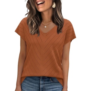 image:imageWIHOLL Short Sleeve Sweater for Women V Neck Trendy Summer Tops 2026 Beach Vacation Clothes Travel Business Casual OutfitsCaramel