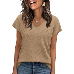 image:imageWIHOLL Short Sleeve Sweater for Women V Neck Trendy Summer Tops 2026 Beach Vacation Clothes Travel Business Casual OutfitsCoffee