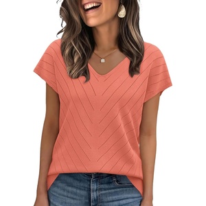 image:imageWIHOLL Short Sleeve Sweater for Women V Neck Trendy Summer Tops 2026 Beach Vacation Clothes Travel Business Casual OutfitsCoral