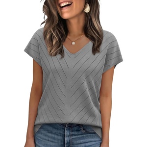 image:imageWIHOLL Short Sleeve Sweater for Women V Neck Trendy Summer Tops 2026 Beach Vacation Clothes Travel Business Casual OutfitsGray