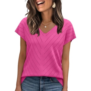 image:imageWIHOLL Short Sleeve Sweater for Women V Neck Trendy Summer Tops 2026 Beach Vacation Clothes Travel Business Casual OutfitsHot Pink