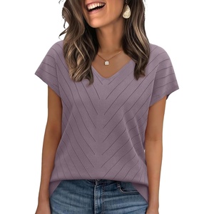 image:imageWIHOLL Short Sleeve Sweater for Women V Neck Trendy Summer Tops 2026 Beach Vacation Clothes Travel Business Casual OutfitsPurple