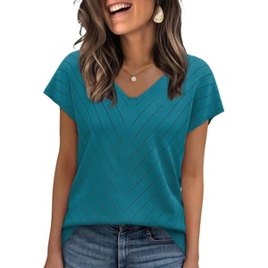 image:imageWIHOLL Short Sleeve Sweater for Women V Neck Trendy Summer Tops 2026 Beach Vacation Clothes Travel Business Casual OutfitsTeal Blue