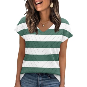 image:imageWIHOLL Short Sleeve Sweater for Women V Neck Trendy Summer Tops 2026 Beach Vacation Clothes Travel Business Casual OutfitsZ  White Green Stripes