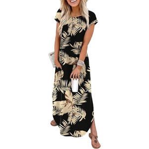 image:imageWIHOLL Summer Dresses Cap Sleeve Crewneck Maxi Long Casual Dress with Pockets Beach Vacation Sundresses 2026 TrendyFloral Black Beige Tropical Leaves