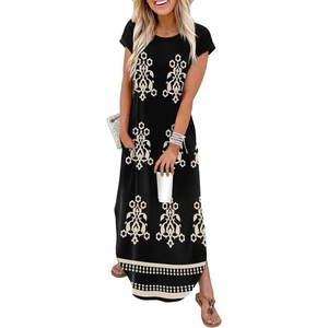 image:imageWIHOLL Summer Dresses Cap Sleeve Crewneck Maxi Long Casual Dress with Pockets Beach Vacation Sundresses 2026 TrendyFloral Boho Black