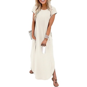 image:imageWIHOLL Summer Dresses Cap Sleeve Crewneck Maxi Long Casual Dress with Pockets Beach Vacation Sundresses 2026 TrendyPlaid Pattern