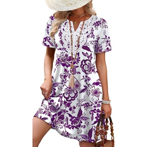 image:imageWIHOLL Summer Dresses for Women Casual Tshirt Boho Dress Wedding Guest Dresses Short Sleeve Fashion Beach Vacation Clothes1purple Ethnic Floral