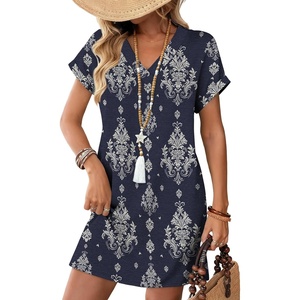 image:imageWIHOLL Summer Dresses for Women Casual Tshirt Dress Midi Dresses Fashion Beach Vacation Clothes1navy Ethnic Print