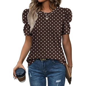 image:imageWIHOLL Summer Tops for Women Puff Sleeve Crewneck T Shirts Dressy Casual Blouses Spring Outfits Fashion ClothesBrown Polka Dots