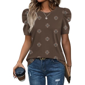 image:imageWIHOLL Summer Tops for Women Puff Sleeve Crewneck T Shirts Dressy Casual Blouses Spring Outfits Fashion ClothesBrown Print