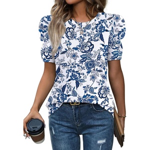 image:imageWIHOLL Summer Tops for Women Puff Sleeve Crewneck T Shirts Dressy Casual Blouses Spring Outfits Fashion ClothesFloral Blue