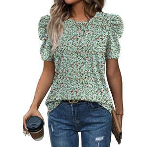 image:imageWIHOLL Summer Tops for Women Puff Sleeve Crewneck T Shirts Dressy Casual Blouses Spring Outfits Fashion ClothesFloral Green2