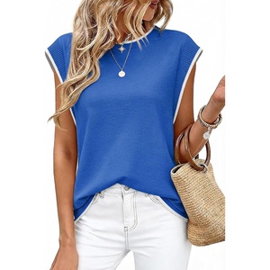 image:imageWIHOLL Tank Tops for Women Summer Lightweight Sweater Fashion Clothing Crew Neck T Shirts Cap Sleeve Business Casual OutfitBlue