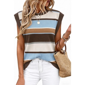 image:imageWIHOLL Tank Tops for Women Summer Lightweight Sweater Fashion Clothing Crew Neck T Shirts Cap Sleeve Business Casual OutfitBrown Blue Stripes