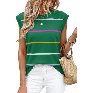 image:imageWIHOLL Tank Tops for Women Summer Lightweight Sweater Fashion Clothing Crew Neck T Shirts Cap Sleeve Business Casual OutfitGreen Rainbow