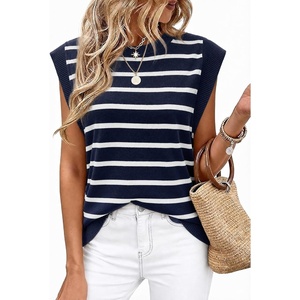 image:imageWIHOLL Tank Tops for Women Summer Lightweight Sweater Fashion Clothing Crew Neck T Shirts Cap Sleeve Business Casual OutfitNavy White Stripes