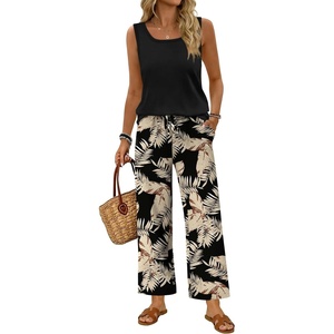image:imageWIHOLL Two Piece Sets for Women Summer Spring Outfits Tank Square Neck Sleeveless Travel Vacation Lounge Wide Leg Pants SetBlack Beige Tropical Leaves