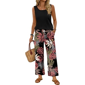 image:imageWIHOLL Two Piece Sets for Women Summer Spring Outfits Tank Square Neck Sleeveless Travel Vacation Lounge Wide Leg Pants SetBlack Pink Leaf