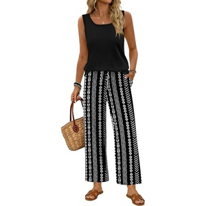 image:imageWIHOLL Two Piece Sets for Women Summer Spring Outfits Tank Square Neck Sleeveless Travel Vacation Lounge Wide Leg Pants SetBlack Vertical Stripes