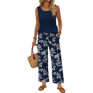image:imageWIHOLL Two Piece Sets for Women Summer Spring Outfits Tank Square Neck Sleeveless Travel Vacation Lounge Wide Leg Pants SetBlue Floral