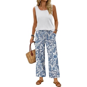 image:imageWIHOLL Two Piece Sets for Women Summer Spring Outfits Tank Square Neck Sleeveless Travel Vacation Lounge Wide Leg Pants SetBoho Blue