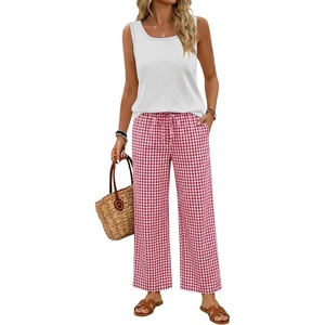 image:imageWIHOLL Two Piece Sets for Women Summer Spring Outfits Tank Square Neck Sleeveless Travel Vacation Lounge Wide Leg Pants SetPink Checkered