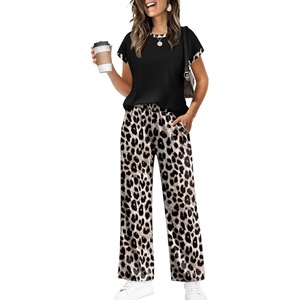 image:imageWIHOLL Two Piece Sets for Women Summer Spring Outfits Travel Cruise Resort Wear 2026 Beach Vacation Palazzo Pants SetBlack Leopard