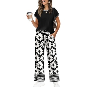 image:imageWIHOLL Two Piece Sets for Women Summer Spring Outfits Travel Cruise Resort Wear 2026 Beach Vacation Palazzo Pants SetBlack White