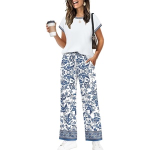 image:imageWIHOLL Two Piece Sets for Women Summer Spring Outfits Travel Cruise Resort Wear 2026 Beach Vacation Palazzo Pants SetWhite Blue