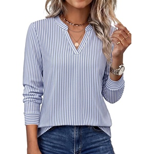 image:imageWIHOLL V Neck Business Casual Tops Fall Blouses Trendy Long Sleeve ShirtsBlue White Stripe