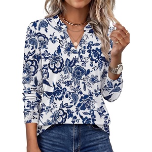 image:imageWIHOLL V Neck Business Casual Tops Fall Blouses Trendy Long Sleeve ShirtsBoho Blue Floral Print