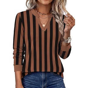 image:imageWIHOLL V Neck Business Casual Tops Fall Blouses Trendy Long Sleeve ShirtsBrown Black Stripe