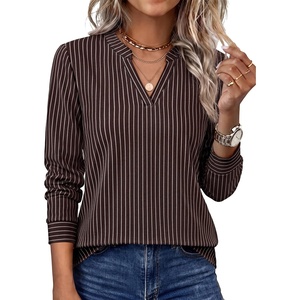 image:imageWIHOLL V Neck Business Casual Tops Fall Blouses Trendy Long Sleeve ShirtsDark Brown Stripe