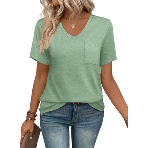 image:imageWIHOLL Women Summer T Shirts Short Sleeve Rounded V Neck Pocket Tee Tops1qsage Green