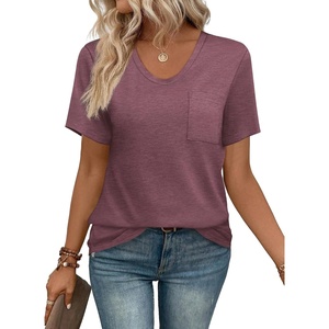 image:imageWIHOLL Women Summer T Shirts Short Sleeve Rounded V Neck Pocket Tee Tops1qwine Red