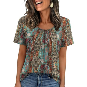image:imageWIHOLL Women T Shirts Pleated Short Sleeve Tops Business Casual BlousesBoho Print 01