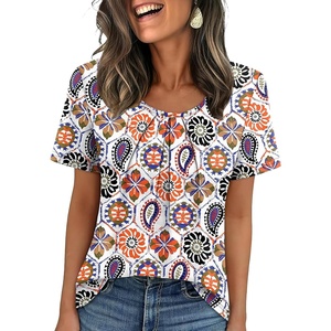 image:imageWIHOLL Women T Shirts Pleated Short Sleeve Tops Business Casual BlousesBoho Print 03