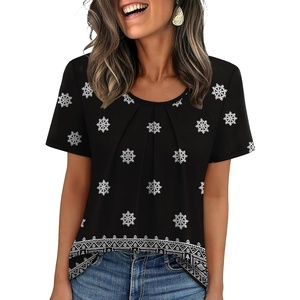 image:imageWIHOLL Women T Shirts Pleated Short Sleeve Tops Business Casual BlousesBoho Print 05