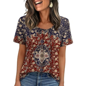 image:imageWIHOLL Women T Shirts Pleated Short Sleeve Tops Business Casual BlousesBoho Print 06