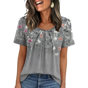image:imageWIHOLL Women T Shirts Pleated Short Sleeve Tops Business Casual BlousesFloral Print 01