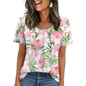 image:imageWIHOLL Women T Shirts Pleated Short Sleeve Tops Business Casual BlousesFloral Print 02