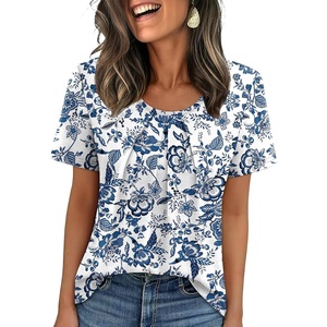 image:imageWIHOLL Women T Shirts Pleated Short Sleeve Tops Business Casual BlousesPrint 02