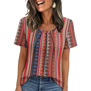 image:imageWIHOLL Women T Shirts Pleated Short Sleeve Tops Business Casual BlousesStriped Print 03