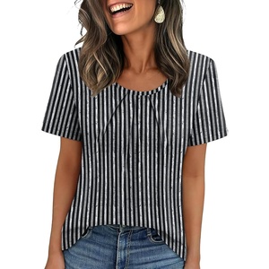 image:imageWIHOLL Women T Shirts Pleated Short Sleeve Tops Business Casual BlousesStriped Print 04
